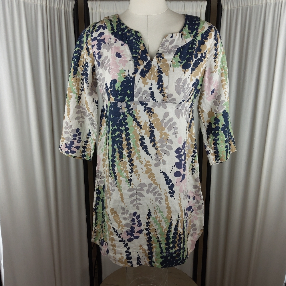 Boden 100% Linen Floral Blue/Tan/White 3/4 Sleeve V-Neck Dress, Size 4P